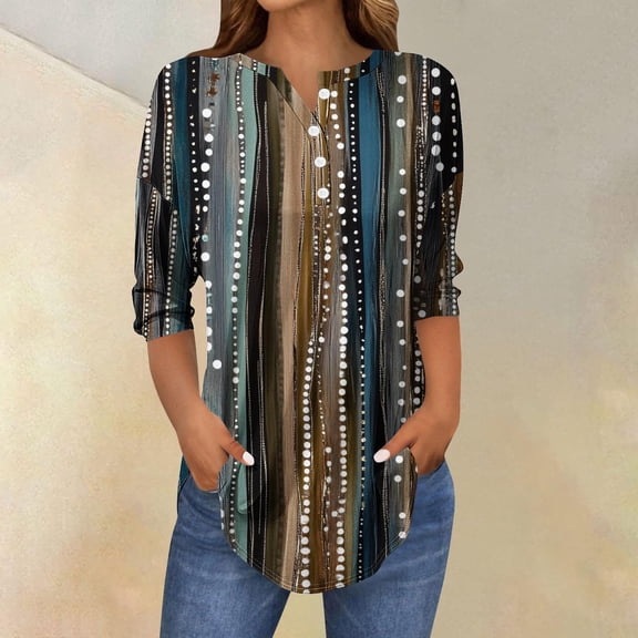 Tops for Women under $5 3/4 Sleeved Button Round Neck Printing Blouses for Women Summer Tops 2025 Dressy Casual Fashion Clothes Vacation Outfits Black XL