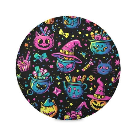 

WOBOGO Cat Wtch Hat Black Pattern Round Placemats Set of 6 Heat Resistant Washable Kitchen Table Decorations 15.4in