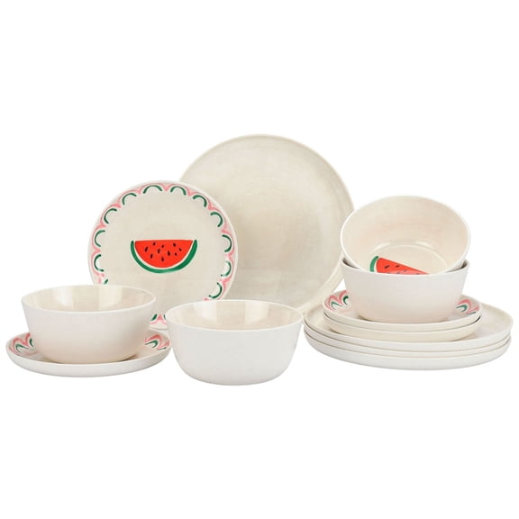 Bamboo Melamine 12-Piece Dinnerware Set, Watermelon, Includes 4 Dinner Plates, 4 Salad Plates & 4 Cereal Bowls, BPA-Free, Dishwasher Safe