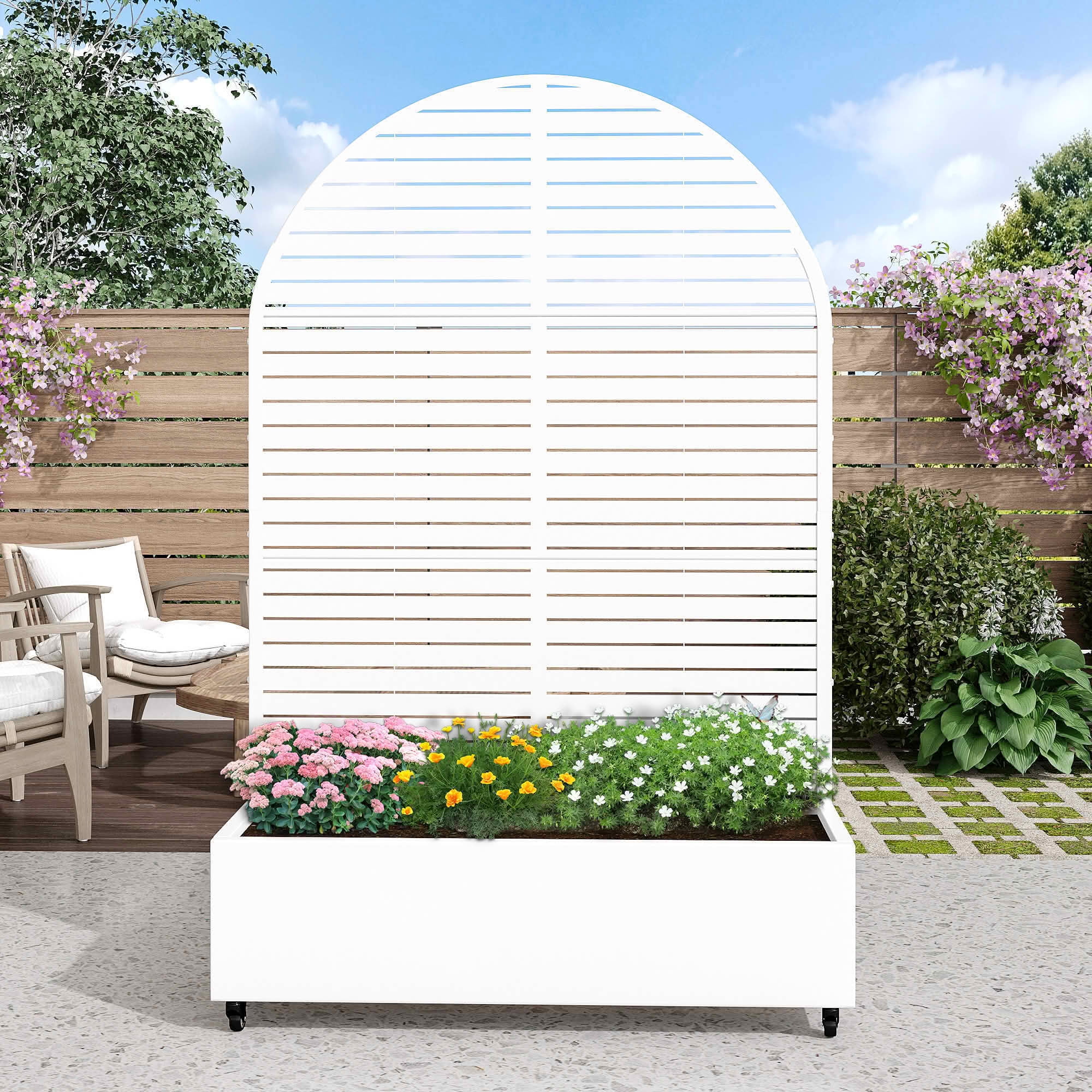 MAYEERTY 72x47x16 Inch White Metal Arched Planter Box with Trellis, 3 Piece Set for Outdoor Garden & Patio