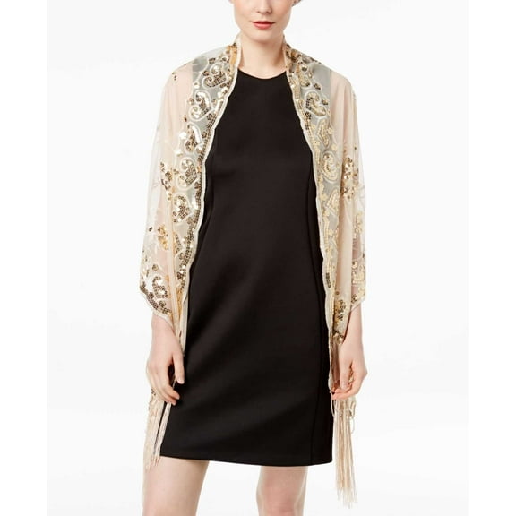 INC International Concepts Women’s Floral Sequined Fringe Evening Wrap, Ivory/Gold