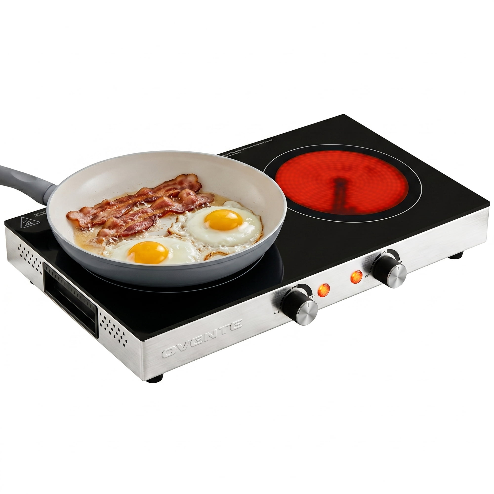 OVENTE Infrared Ceramic Double Burner, 1800W Hot Plate, Black BGI302GB, Crystalline Glass, Portable Stainless Steel Cooktop for Home, Office, or Dorm Use, Non-Slip Feet