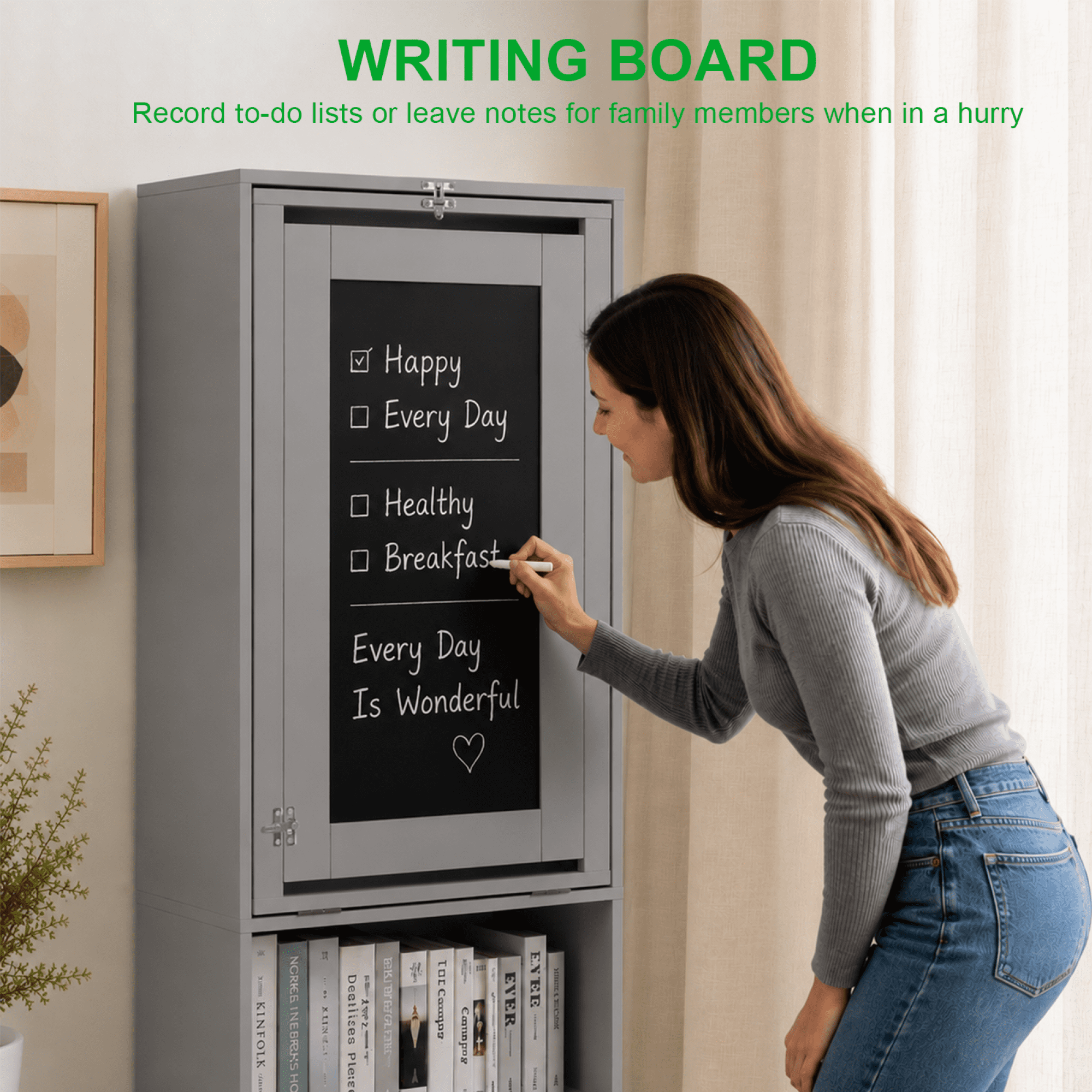 Leumius Folding Desk with Storage,Fold-Out Wall Mounted Computer Desk with Storage Shelves, Convertible Folding Writing Desk Cabinet with Chalkboard, Space-Saving Home Office Desk,Gray