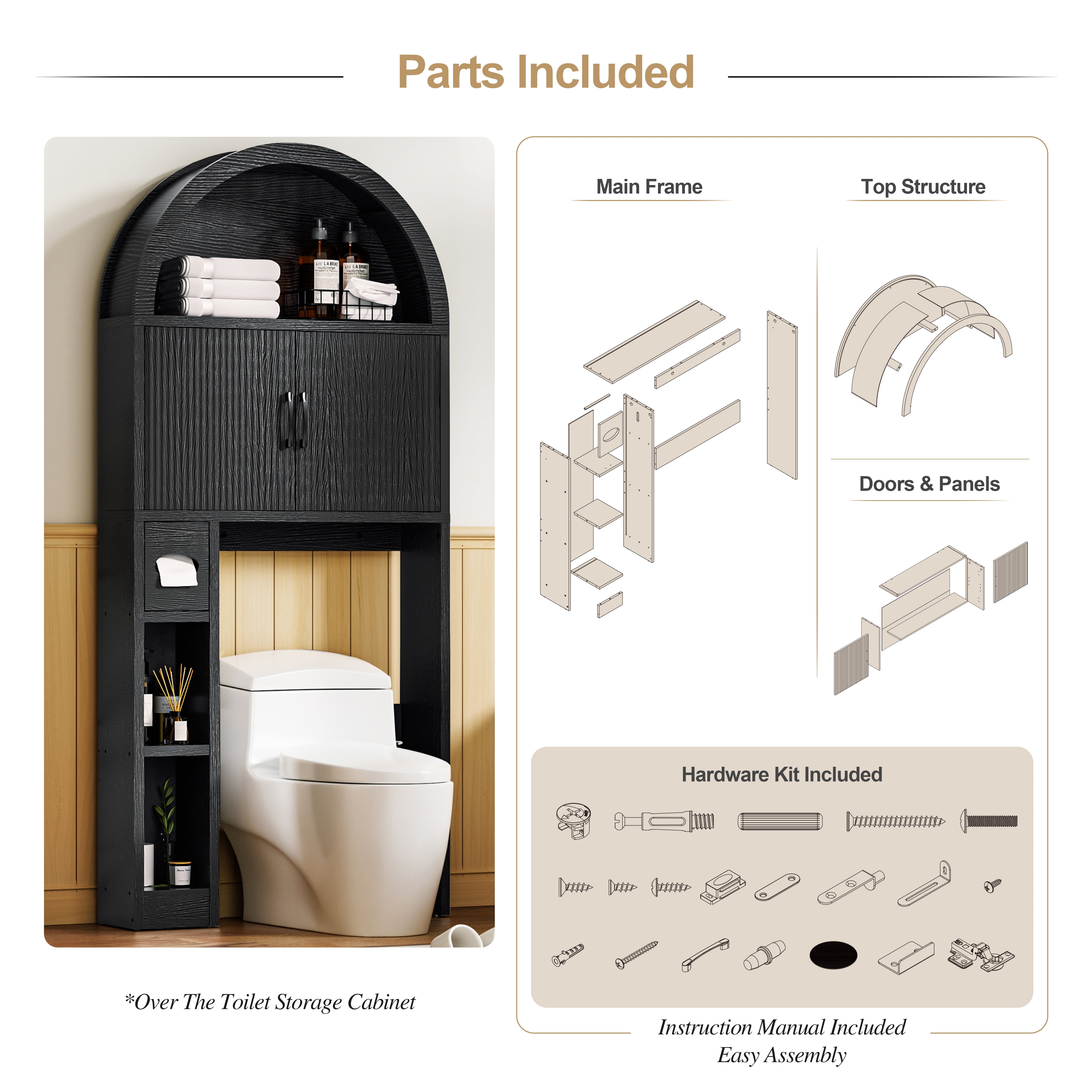 AHB Over Toilet Storage Cabinet with Arc Design, Freestanding Bathroom Organizer with Doors, 7.7"D x 30.5"W x 67.7"H, Black