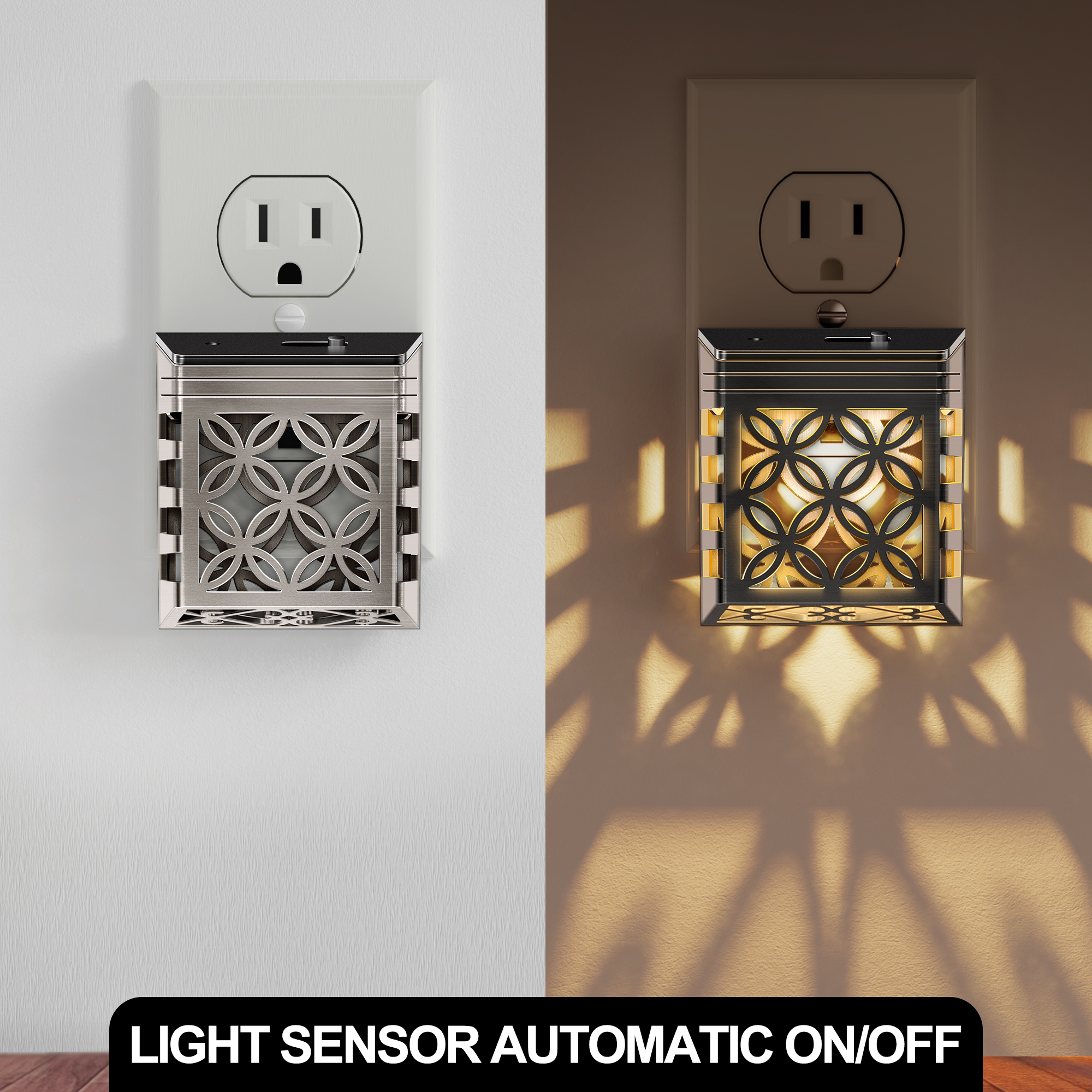 YANSUN 2 pack Black Warm White 3000K Plug in Night Light with Dusk to Dawn Sensor, Solar Style Night Light with Dimmer, for Bedroom Stairwell Kitchen