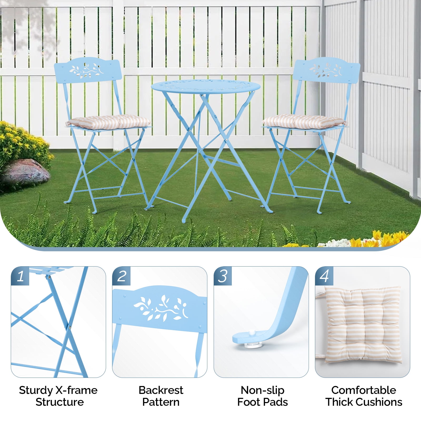 Ktaxon Outdoor 3-Piece Folding Bistro Set with Cushion, Small Metal Patio Seating Furniture Set - Blue