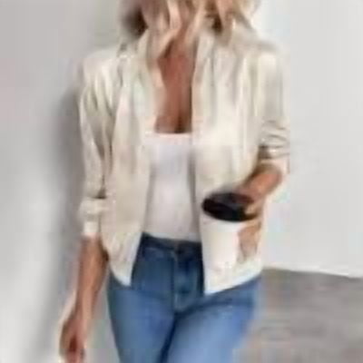 Arnsht Women's Metallic Zipper Bomber Jacket Outwear Solid Long Sleeve Lightweight Jacket Coats Trendy Clothes Beige L