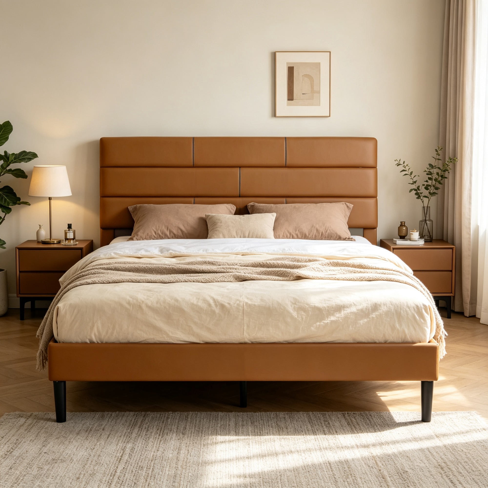 BSHTI Full Size PU Leather Platform Bed Frame with Upholstered Headboard, Wood Slats Support, No Box Spring Needed for Bedroom(Brown)
