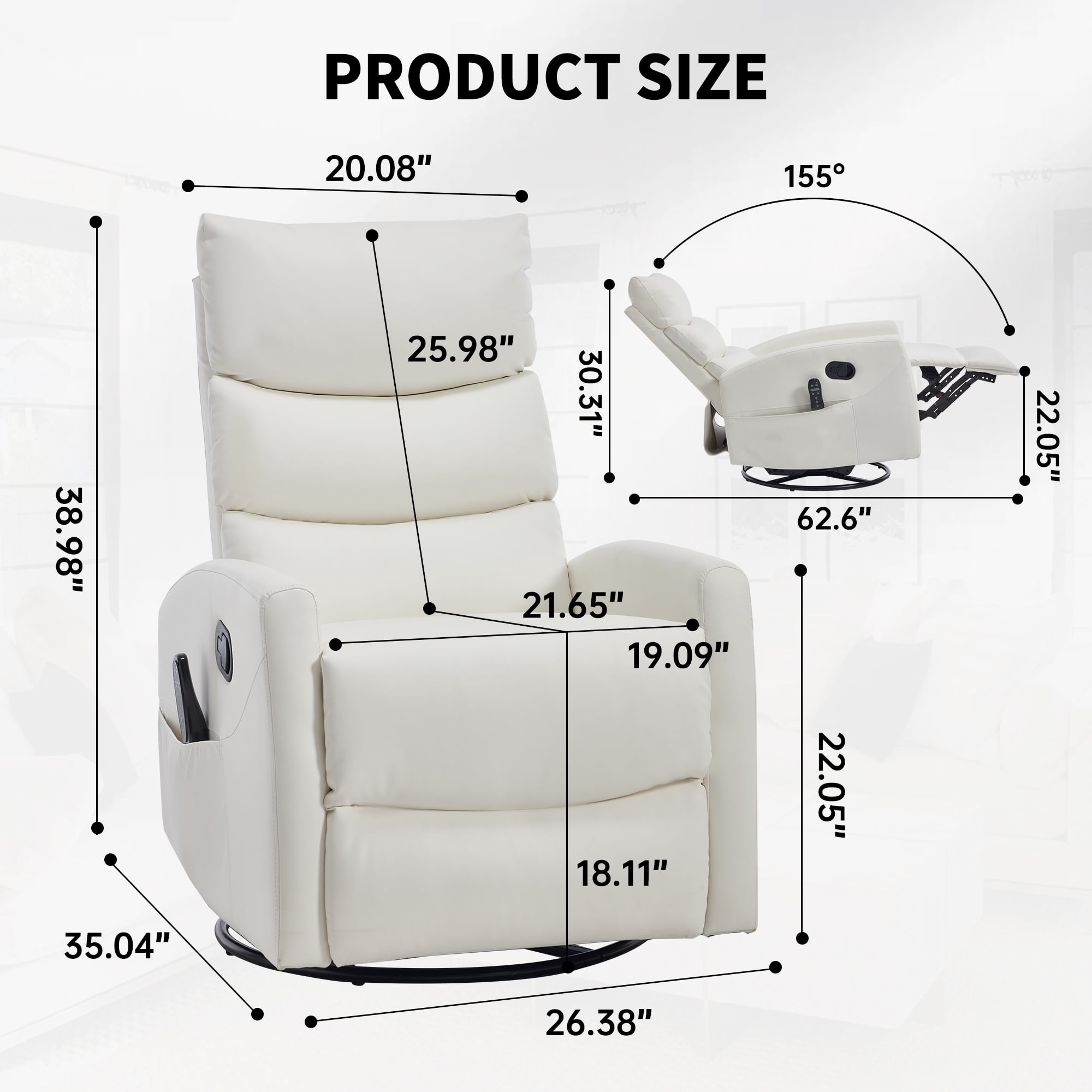 Leumius Swivel Recliner Chair,360° Glider Rocking Chair with Massage and Heating,PU Leather Small Manual Recliner for Nursery Home Theater,White PU