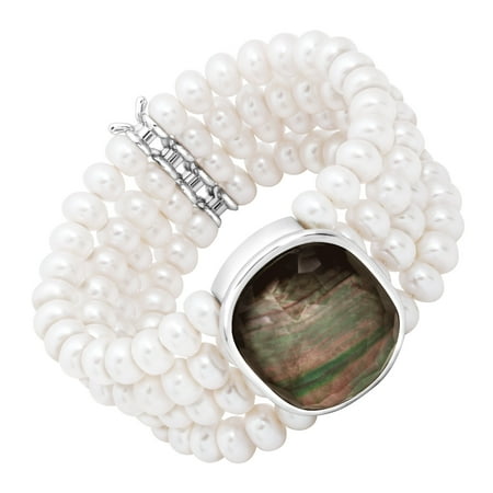 Honora 4-Row Freshwater Pearl & Black Mother-of-Pearl Doublet Stretch Bracelet in Sterling Silver