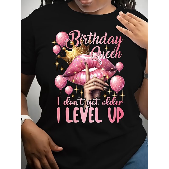 Birthday Queen Graphic Tee - Regular Size Casual Crew Neck T-Shirt with Slight Stretch, 100% Cotton Knit Fabric, Summer Short Sleeve Top with Festive Design