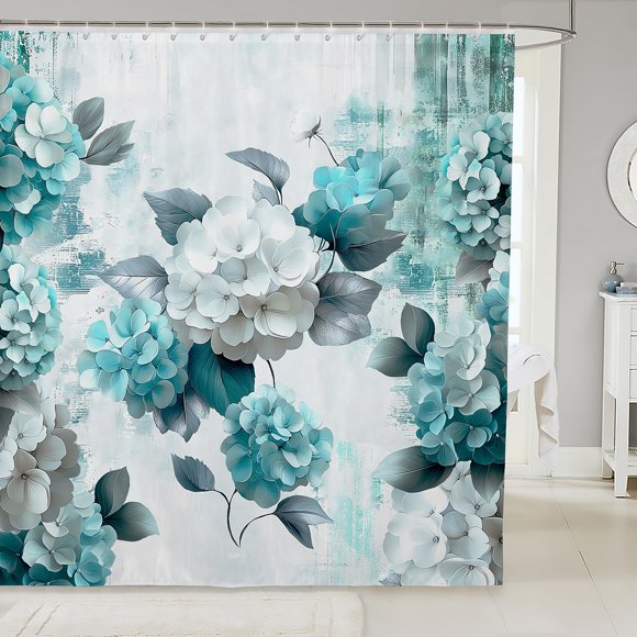 YST Chic Floral Bath Curtain for Girls Women Hydrangea Flower Shower Curtain, Teal Ombre Waterproof Bathroom Curtain Gradient Oil Painting Shower Accessories, Vintage Watercolor Bathtub Decor