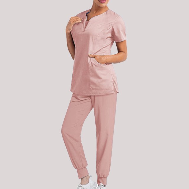 DPTALR Femmes Pantalon Ample Uni à Multiples Poches Uniforme d'Infirmière à Manches Courtes avec Fermeture Éclair Ensemble à Col en V