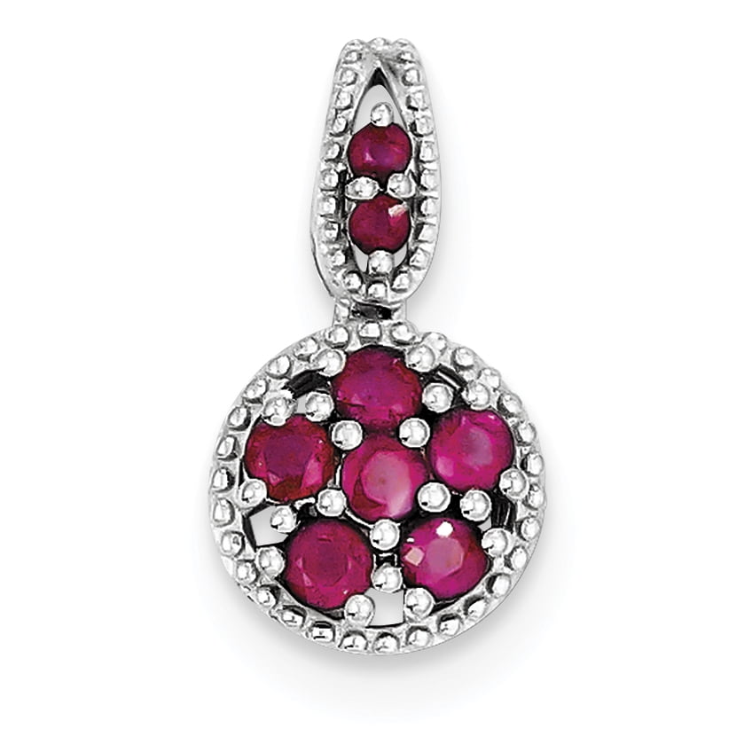 Sterling Silver Rhodium-plated & Glass Filled Ruby Circle Pendant 