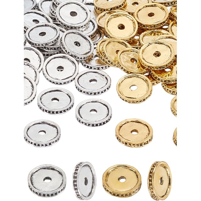 Dijes espaciadores de aleación de estilo tibetano genéricos, 80 unidades, 12 x 2 mm, planos, redondos, sueltos, con agujero de 2 mm, plateados y dorados, para hacer joyas y manualidades.