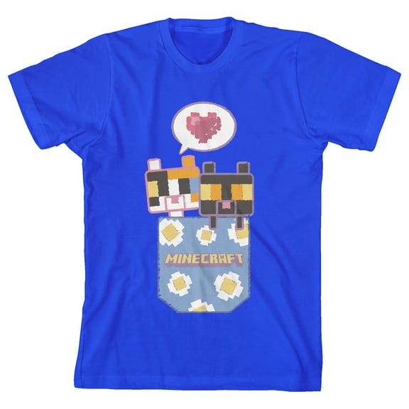 Minecraft Two Block Kittens in a Pocket Youth Royal Blue Short Sleeve Crew Neck Tee-Medium