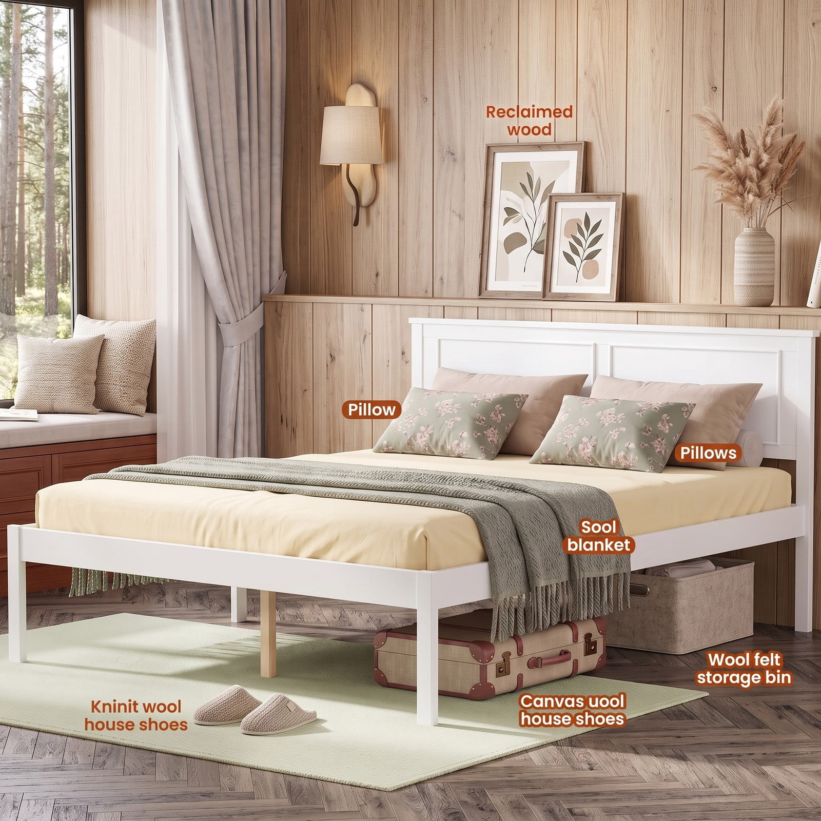 Furnibear Full Size Farmhouse Wood Bed Frame Platform Bed with Paneled Headboard and Under Bed Storage for the Bedroom, White