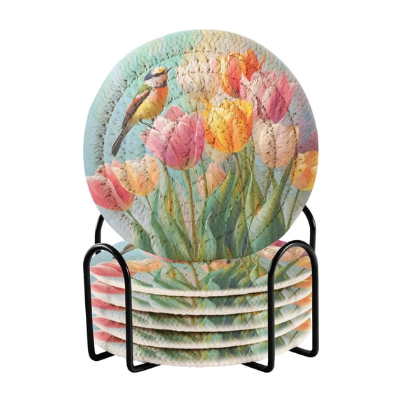 Haosy Set of 6 Drink Woven Coaster with Holder Heat Resistant Non-Slip Bar Coasters 4 Inches Watercolor Bird Tulip