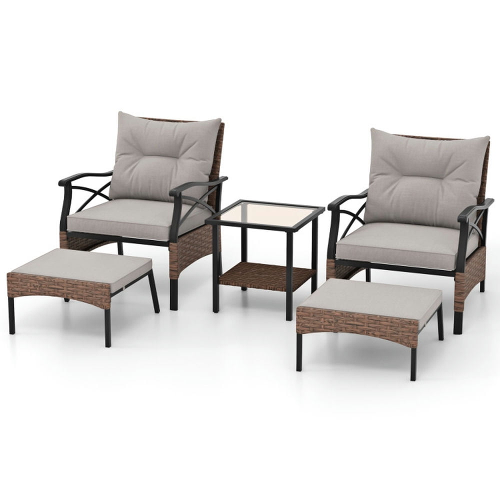 GVN Outdoor Furniture Sets, Outdoor Conversation Set,5 Pieces Wicker Patio Furniture Set Ottomans and Cushions and 2-Tier Tempered Glass Side Table-Brown GVN Outdoor Furniture Sets, Outdoor Conversation Set,5 Pieces Wicker Patio Furniture Set Ottomans and Cushions and 2-Tier Tempered Glass Side Table-Brown