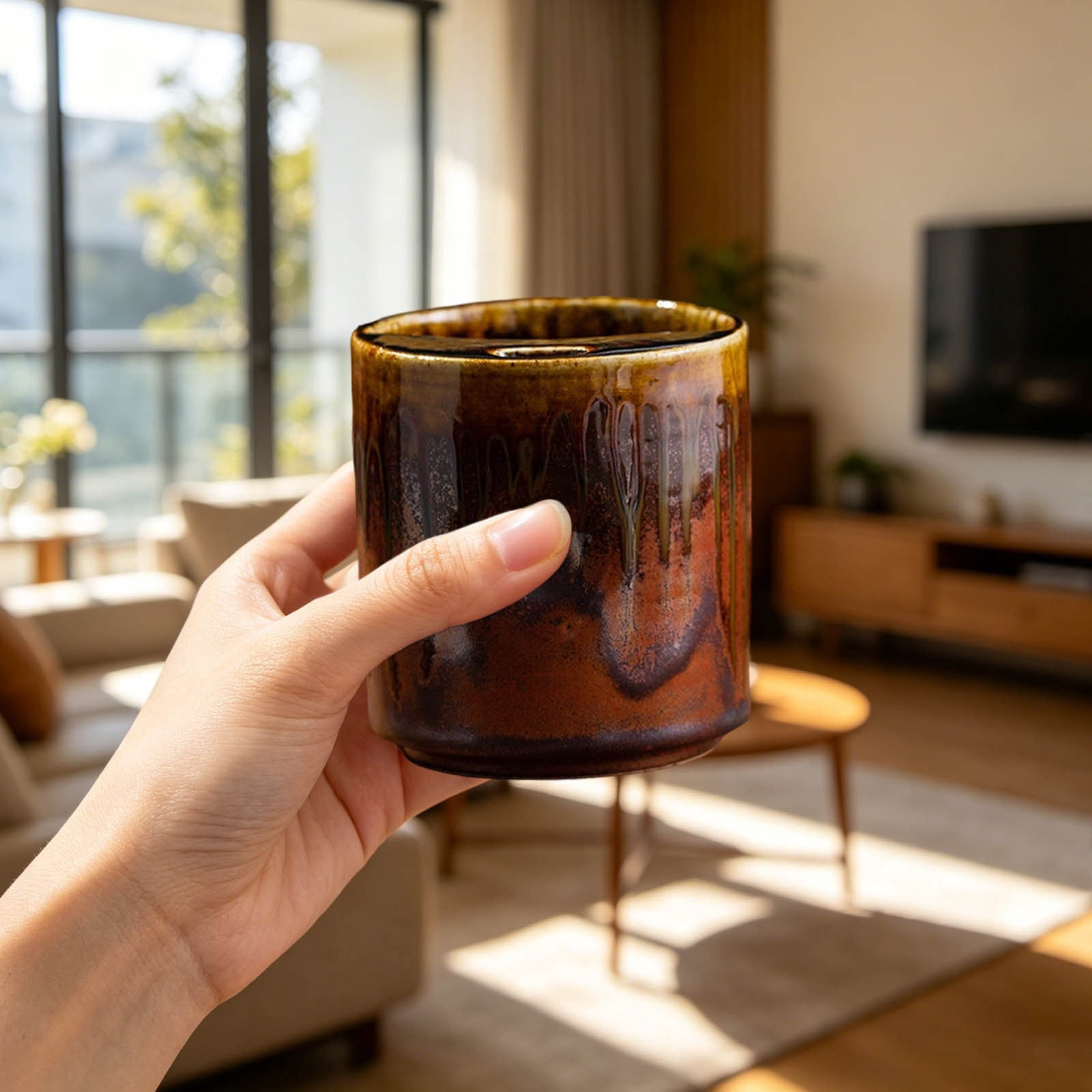 QIUXUJ-1pc Retro Ceramic Espresso Cup with Straw, Vintage Style Thick Wall Porcelain Coffee Mug, Small Demitasse Cup for Home Kitchen Cafe Daily Coffee Drinking (Brown)