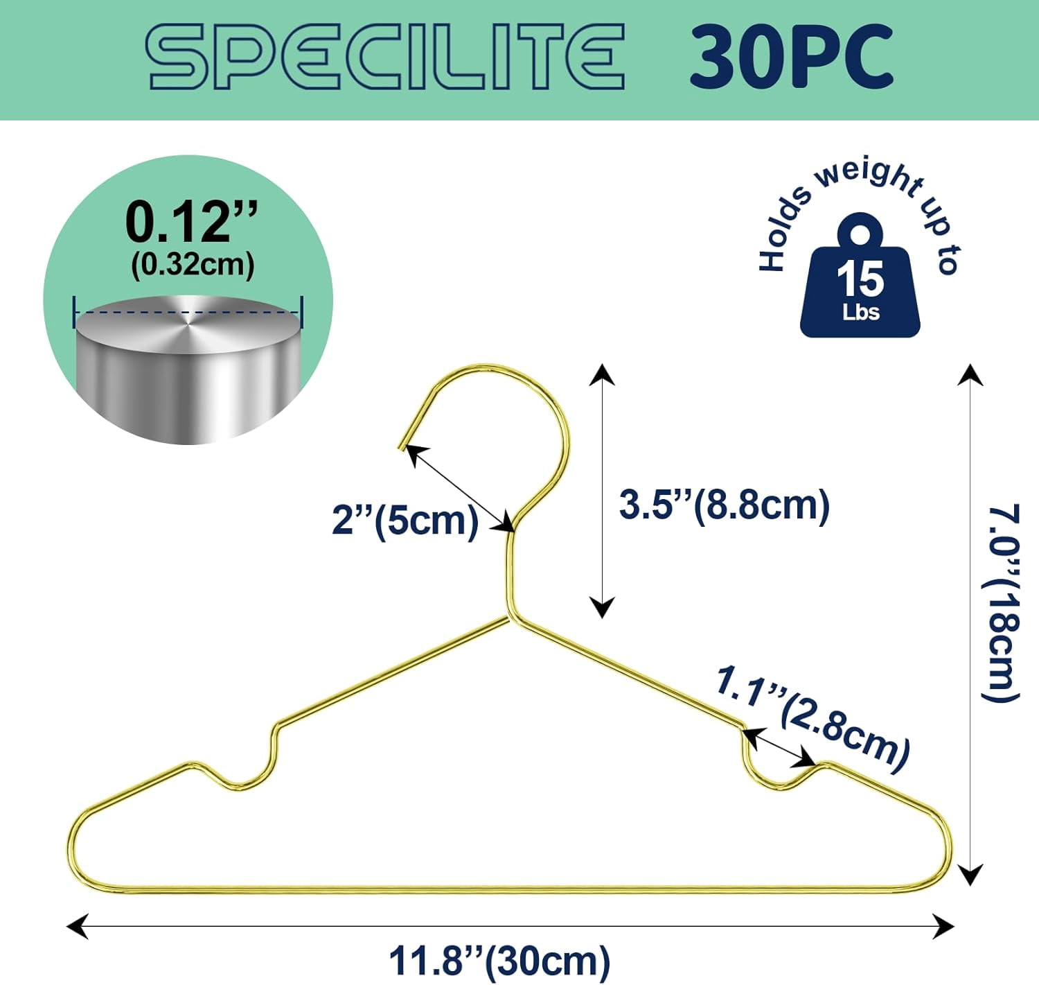 SPECILITE 11.8” Kids Baby Metal Hangers 30 Pack, Heavy-Duty Wire Clothes Hangers with Notches for Toddler Clothes, Gold