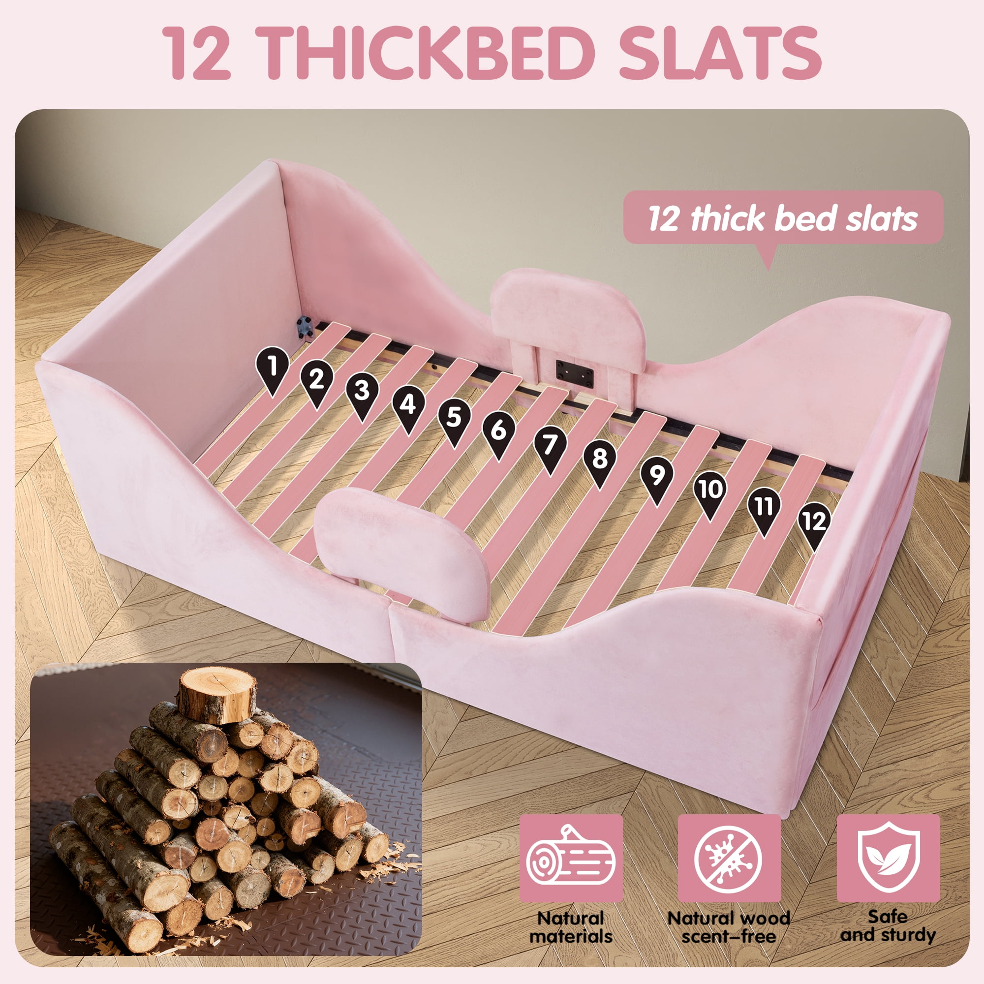 Toddler Bed, Toddler Floor Bed – Low-to-Ground Design with Detachable Guard Rails, Soft Upholstered Transition Bed, Standard Crib Size for kids Ages 1–6 (Pink)