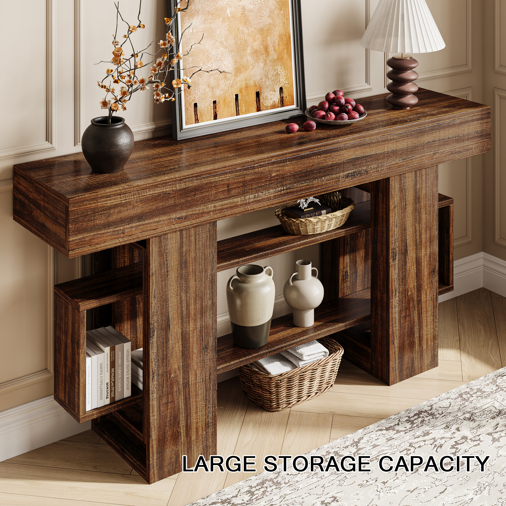 Einhomn 63" Farmhouse Wood Console Table, Modern Entryway Table with Open Storage for Behind Couch, Living Room