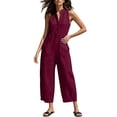 thumbnail image 3 of Cotton Jumpsuits for Women Round Neck Button Sleeveless Summer Rompers Casual Fashionable Solid Color Loose Wide Leg Jumpsuit with Pockets, 3 of 5