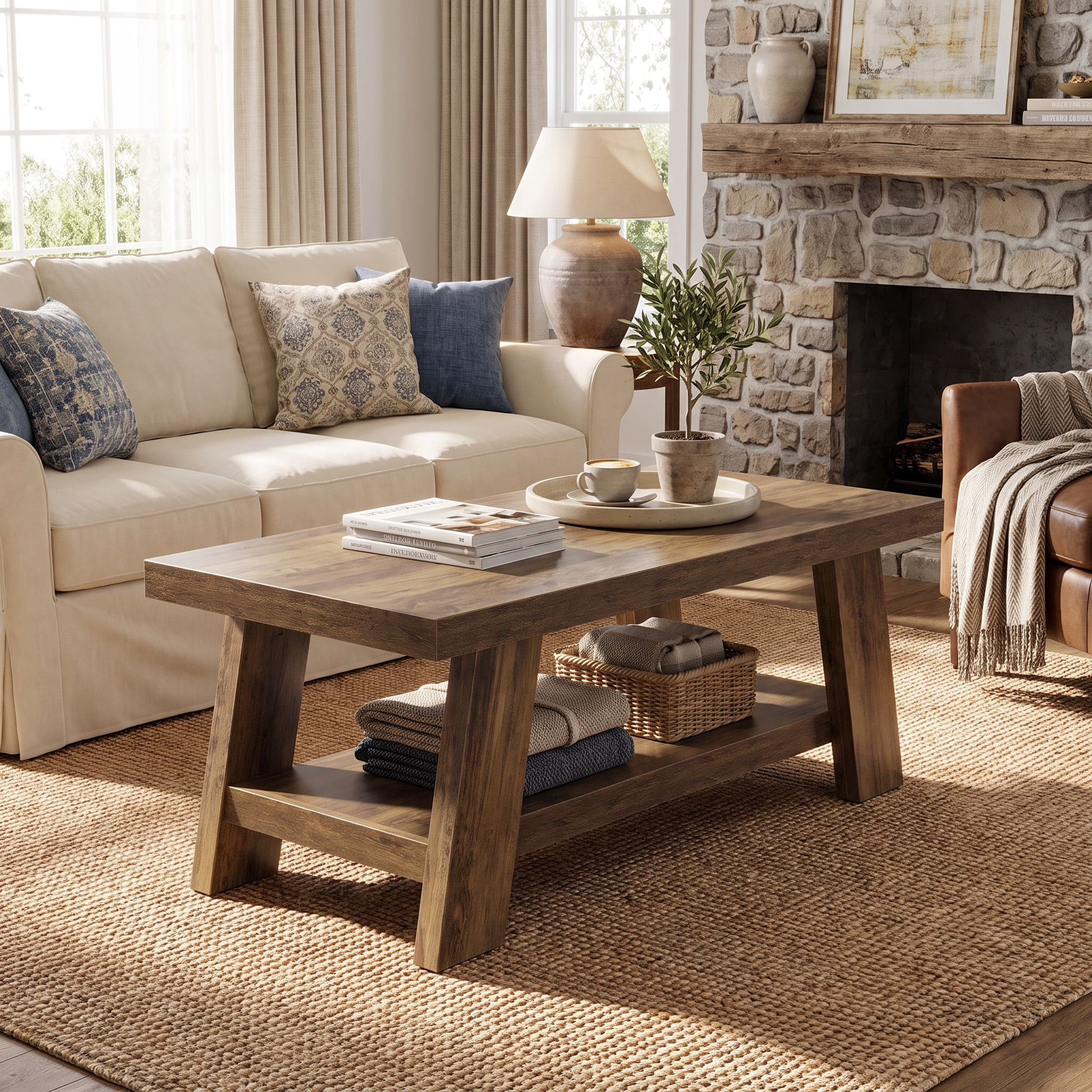 Fnova 47 Inch 2-Tier Farmhouse Coffee Table with Storage Shelf, Rectangle Center Table, Cocktail Tea Table for Living Room, Apartment, Home Office