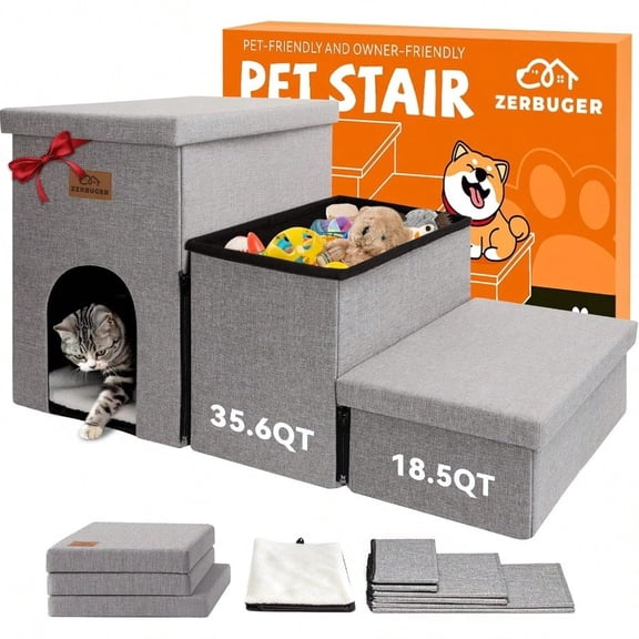 Dog Stairs 18 H 3-Step Wider Dog Steps for High Beds Couch Folding Storage Pet Stairs Gift for Small/Medium/Large Old Dogs Cats Ramp for Climbing Car Up to 200 lbs Gray with Condo