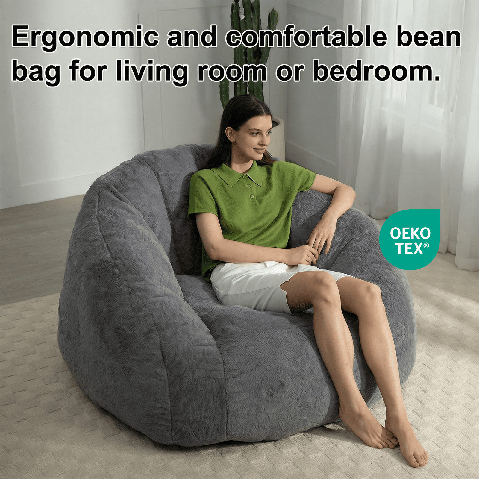 Ebenchico 3.9ft Bean Bag Chair for Adults Teens Kids, Shell Shape Faux Fur Beanbag Chairs, Memory Foam Filled Floor Chair for Reading, Gaming, Relaxing(Dark Gray)