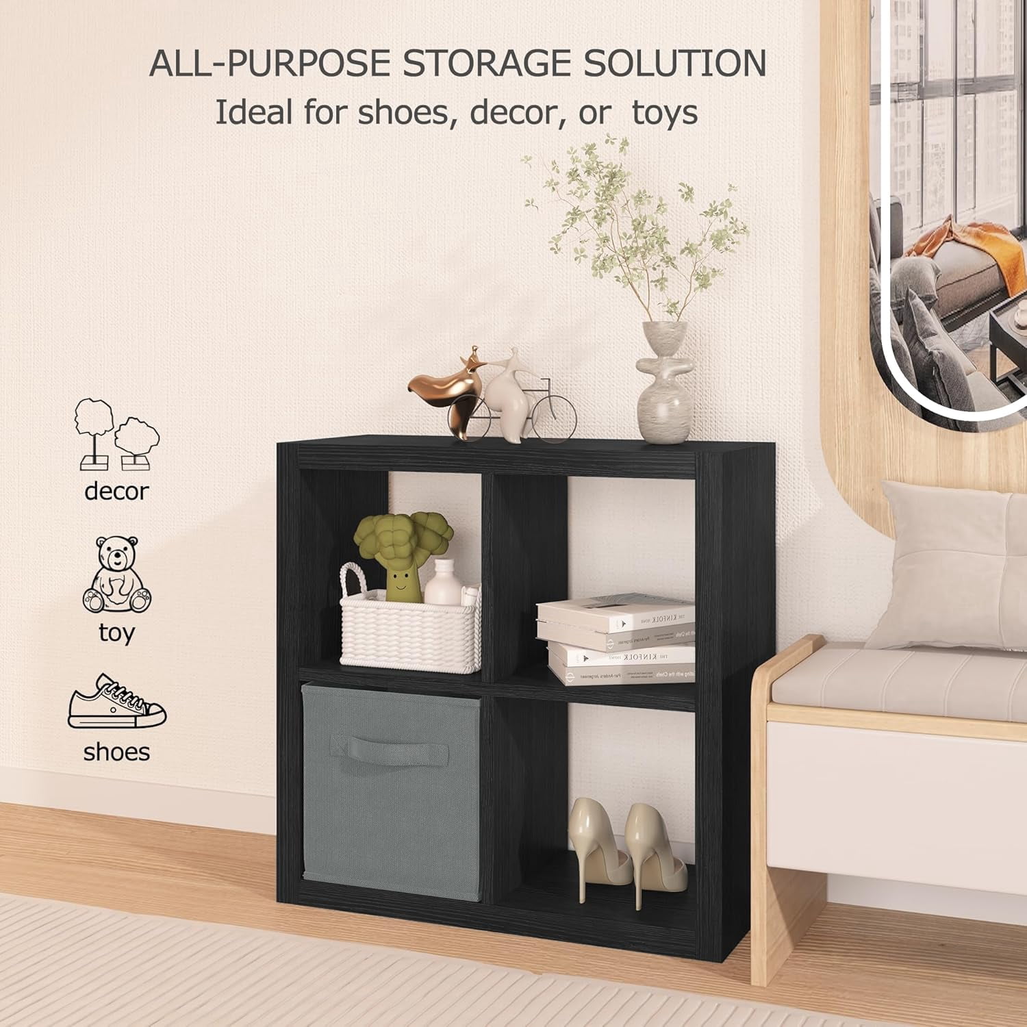 Bookshelf with Storage Bin, 4-Cube Storage Organizer, Modern Wood Open Bookcase, Multifunctional Display Shelf for Living Room, Bedroom, Home Office, Black