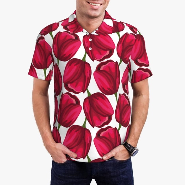 Fotbe Tulips Flowers Camiseta Polo de Golf para Hombre con Estampado – Camisa Deportiva Transpirable con Cuello Abotonado-Large