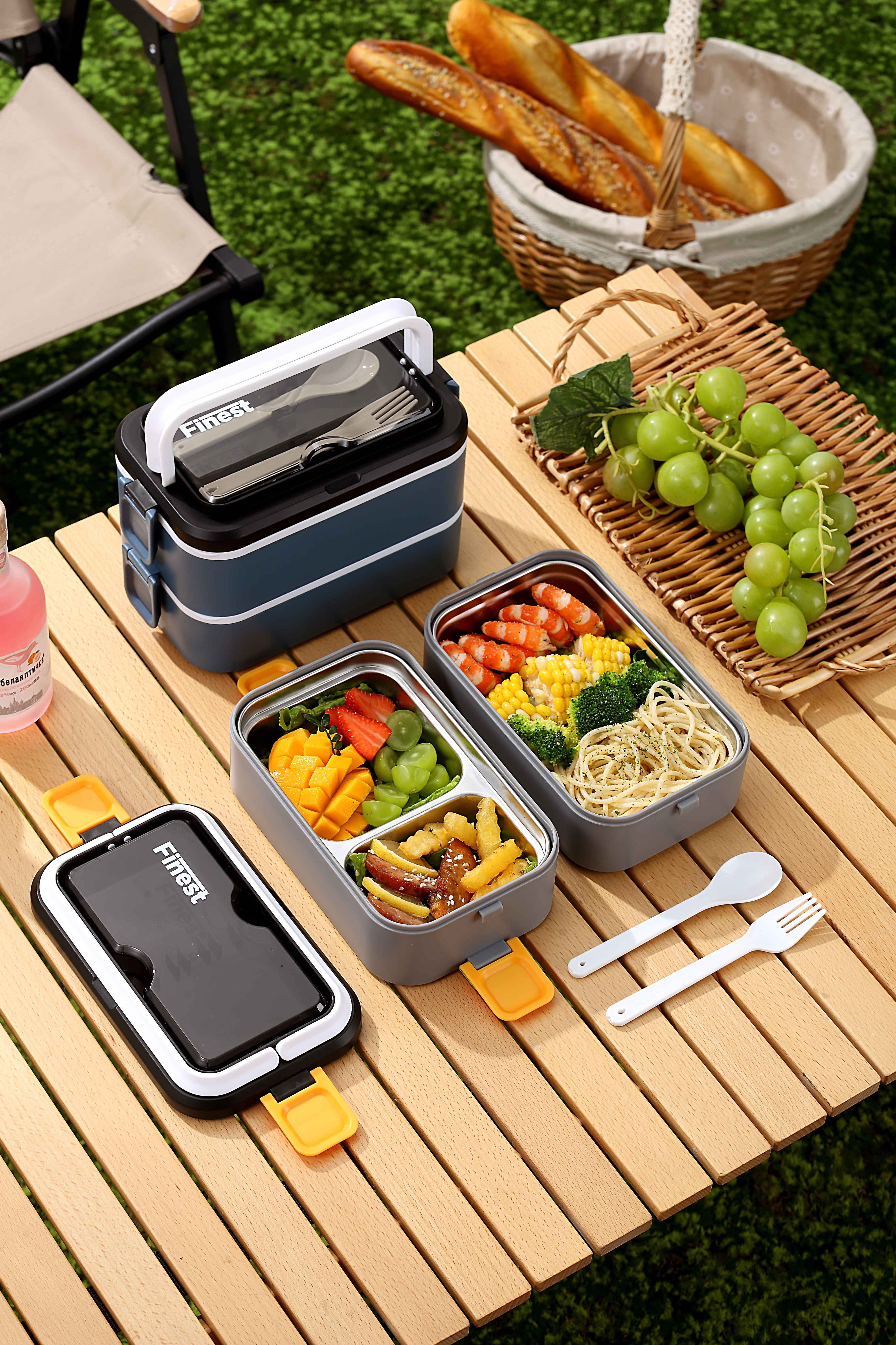 Stackable lunch box Stainless steel with 3 Compartments, Reusable Utensils, Leak resistant,1400 ML Capacity, Microwave safe bento box