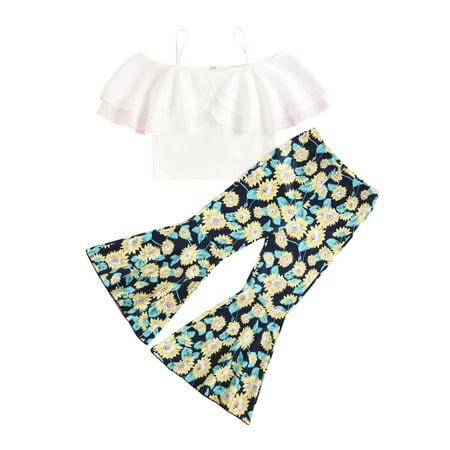 

Kids Baby Girl 2Pcs Clothes Off Shoulder Strap Tops+Floral Flare Pants Outfits