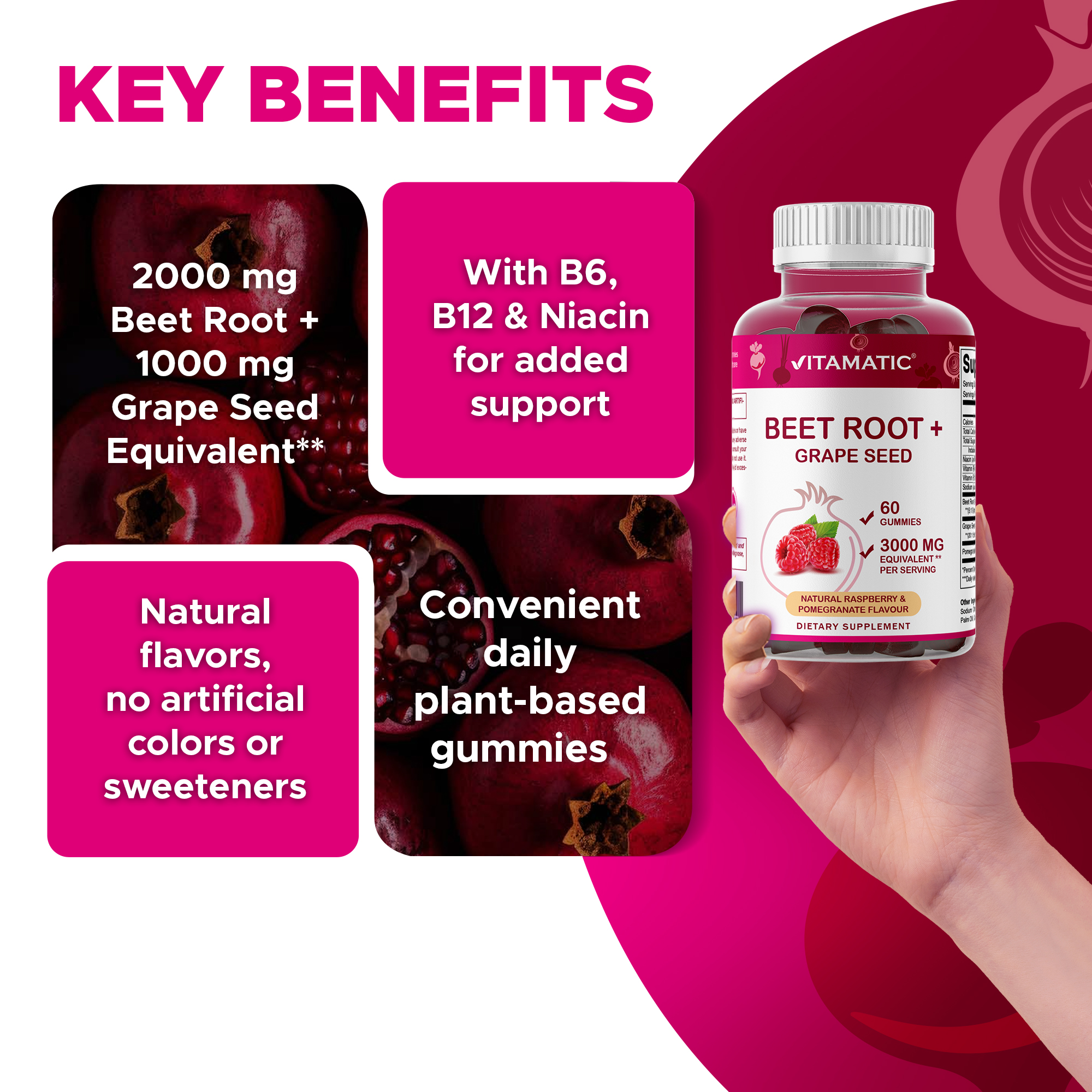 (3 pack) Vitamatic Beet Root Gummies 3000 mg Equivalent Per Serving - 60 Gummies - Made with Vitamin B6, B12, Grape Seed, Pomegranate & Nicotinamide