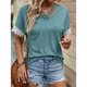 thumbnail image 3 of Camiseta de verano para mujer, holgada, de manga corta, con escote en V y ribete de encaje, diseño entrecruzado, azul lago, talla M, 3 of 6