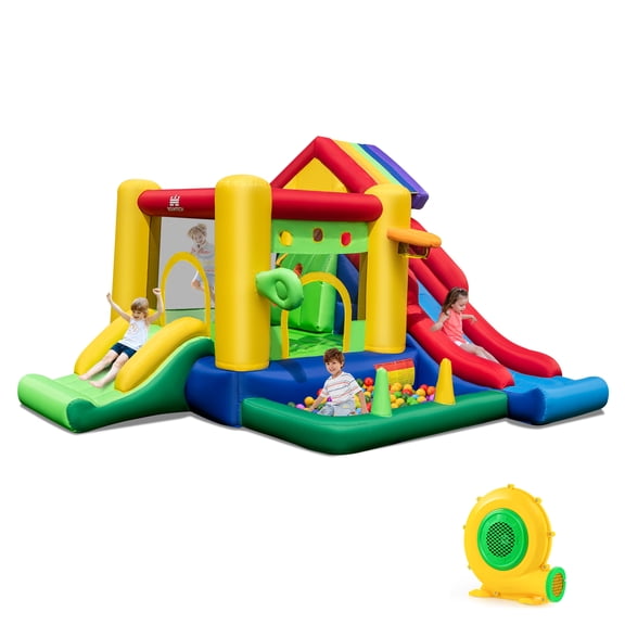 Costway Colorful Rainbow Kids Inflatable Bounce Castle with 50 Ocean Balls & 680W Blower