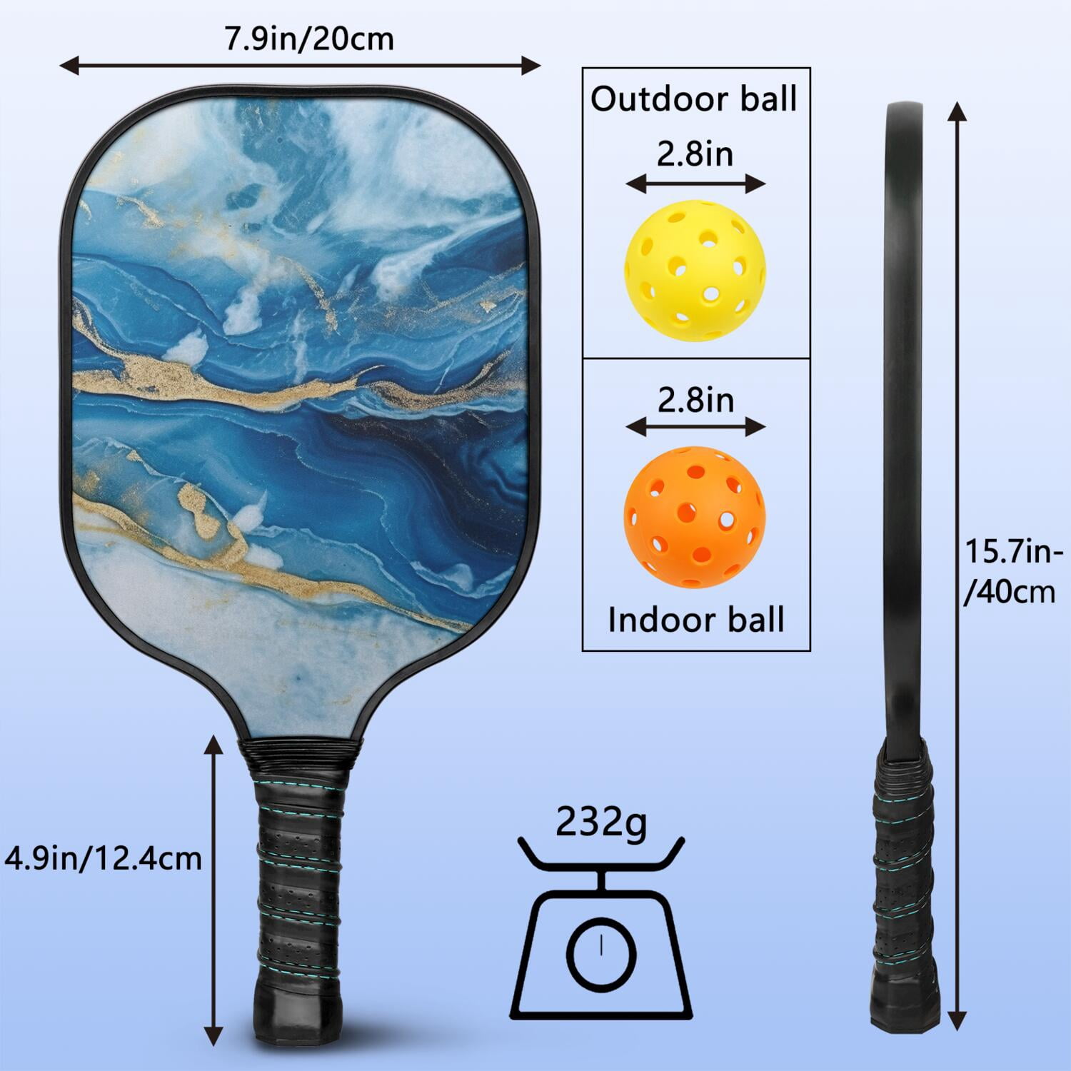 Pickleball Paddles Set Of 2, Fiberglass Surface, Turquoise Marble Pattern, 4 Balls & Bag