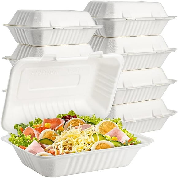 180 Pack Disposable Clamshell To Go Containers, 9"x 6" Single Compartment Take Out Food Containers, Compostable Hinged Container Takeaway Lunch Box for Restaurant, Party, Microwave Safe
