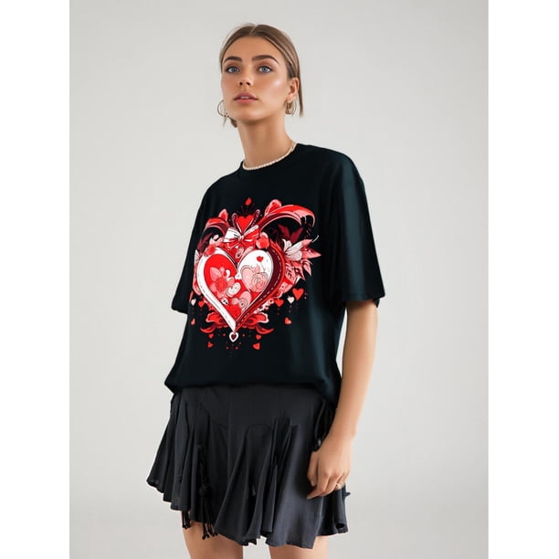 Valentine's Day Matching Tees for Couples - Vintage Love Heart Graphic, 100% Cotton, Short Sleeve Crew Neck T-Shirts, Ideal for Casual Wear & Romantic Evenings