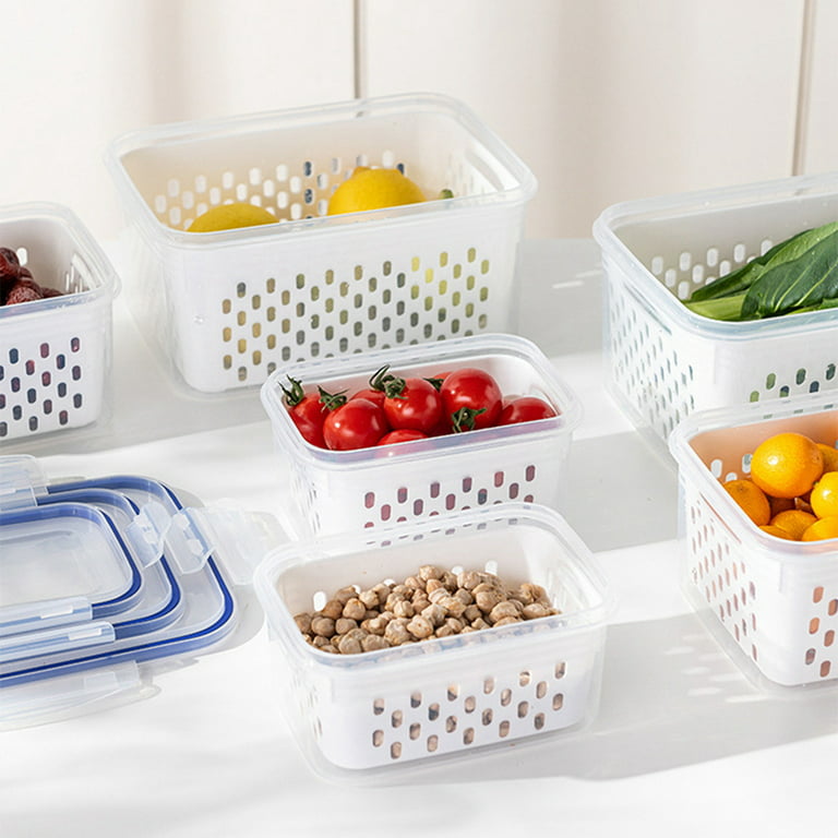 Produce Saver Container, Fridge Fruits Storage Organizer with Removable Drain Plate and Lid, Stackable Portable Food Storage Containers for Produce