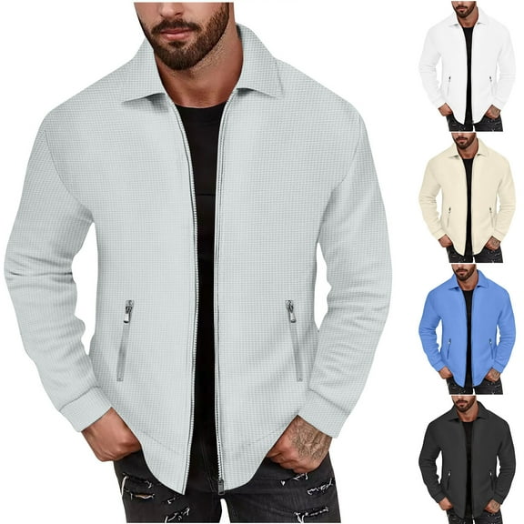 FRSASU Men's Waffle Casual Jacket Fashion Solid Color Stand-up Collar Long-Sleeved Coat Outdoor Cardigan Zipper Sports Jackets White