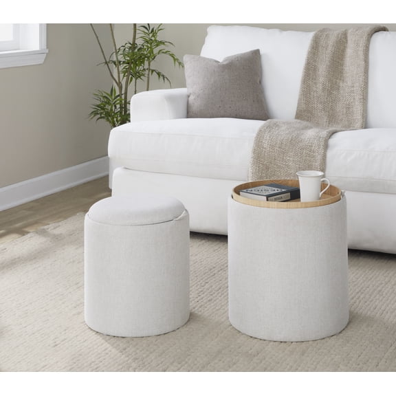 Tray Contemporary Nesting Ottoman Set in Cream Fabric and Natural Wood by LumiSource