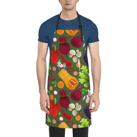 

Xecao Begetable Print Kitchen Cooking Aprons Waterproof Adjustable Bib Aprons with 2 Pockets for Women Men Chef