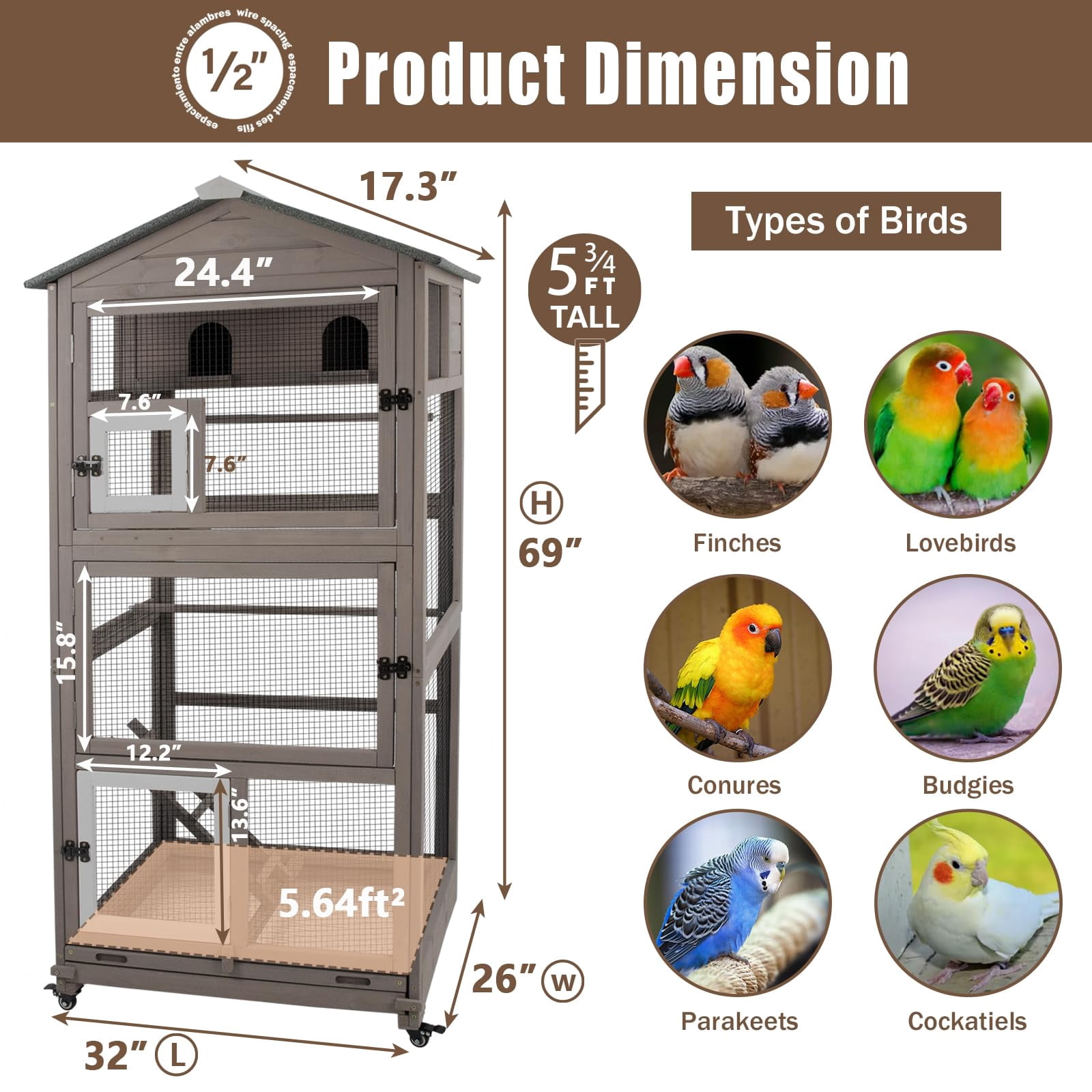 Gowoodhut 68.8"L Outdoor Bird Aviary Indoor Wooden Large Bird Cage Parakeet Cage on Wheels