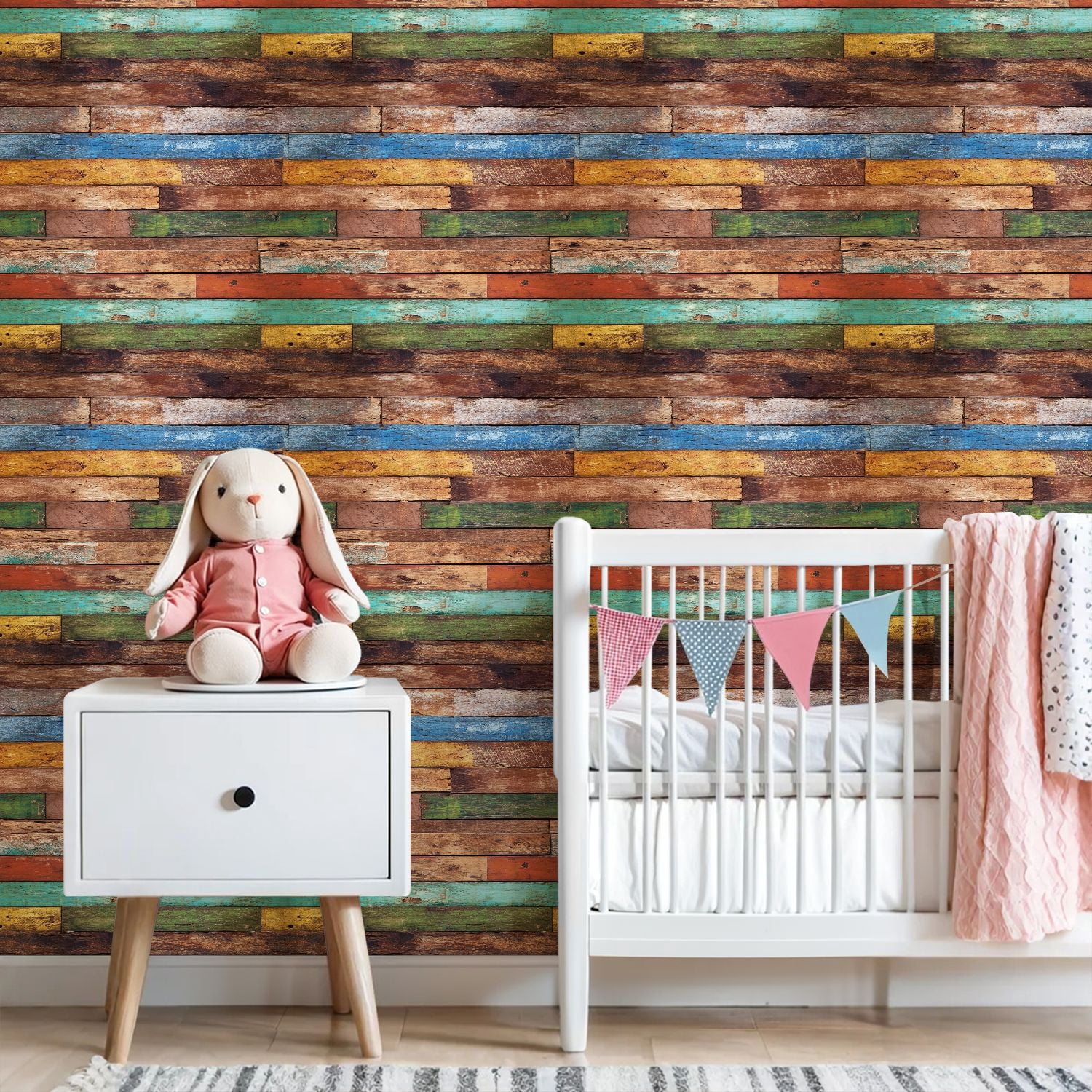 Peel and Stick Wallpaper Rustic Multicolor Wooden Plank Wall Distressed Paint Wall Mural 23.6in x 9.8ft Self Adhesive Removable Wall Paper Renter Friendly Wallpaper for Nursery Bedroom Cabinets