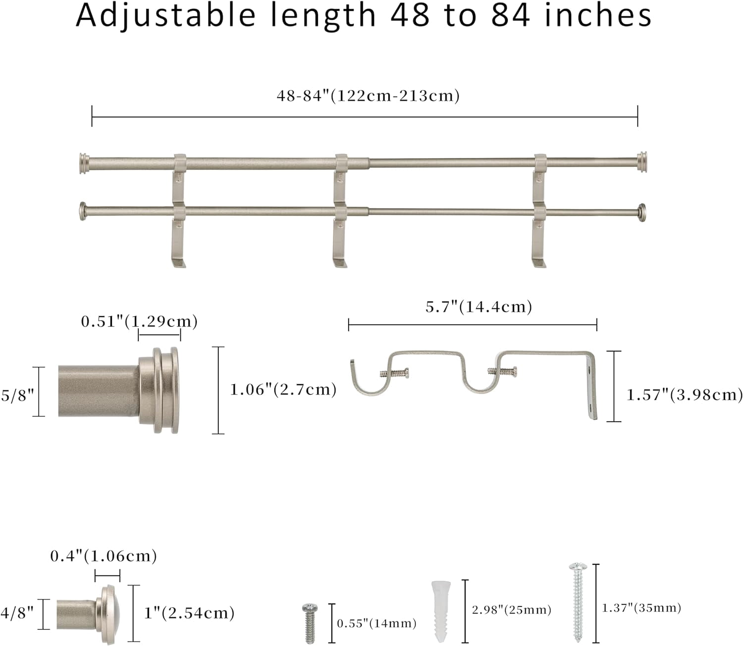 eTeckram 5/8" Double Curtain Rod with Nerveux Finials,Pewter,48‘’-84‘’