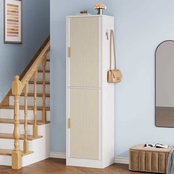 Condemo Shoe Cabinet with Slipper Rack and Adjustable Shelves, 10-Tier Narrow Tall Shoe Storage Cabinet, Modern Shoe Organizer Cabinet for Entryway, White and Gold