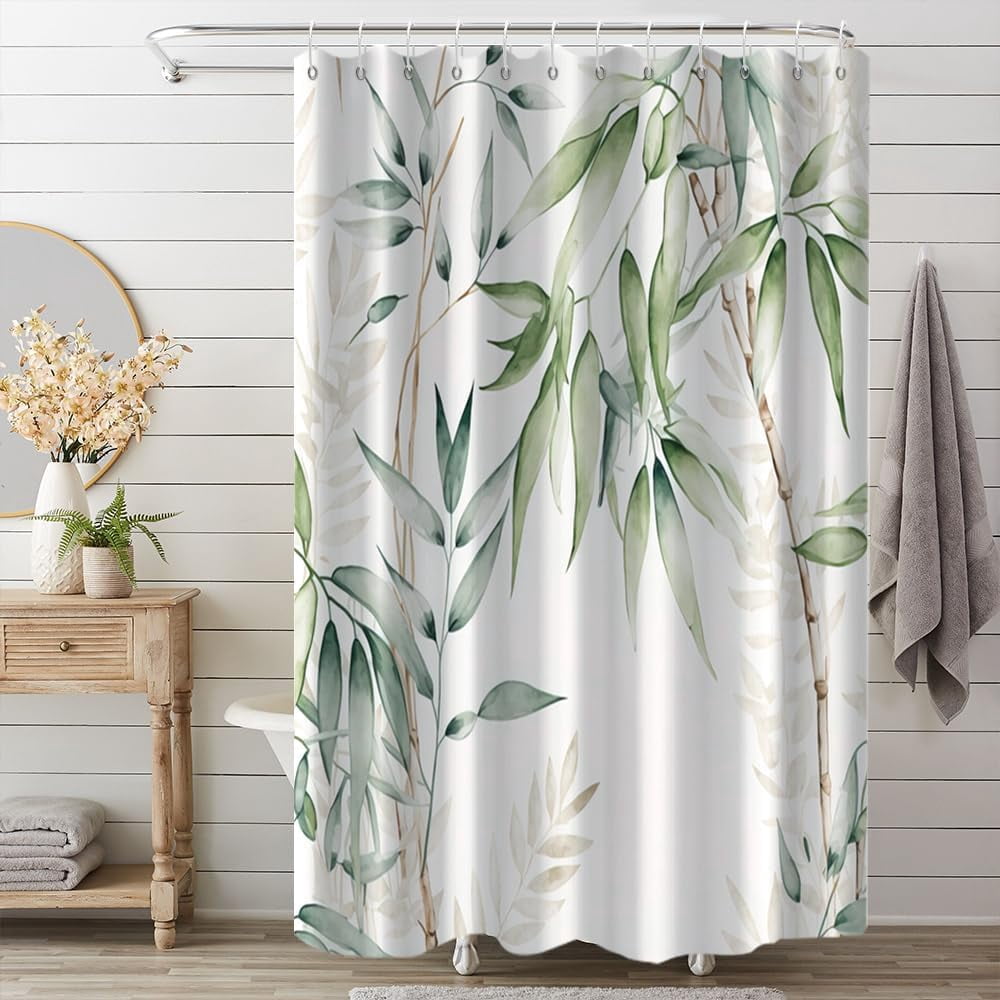 Green Bamboo Shower Curtain, Watercolor Green Leaves Shower Curtain for Bathroom Waterproof Fabric Spring Botanical Shower Curtain Set with Hooks, 72x72 Inch